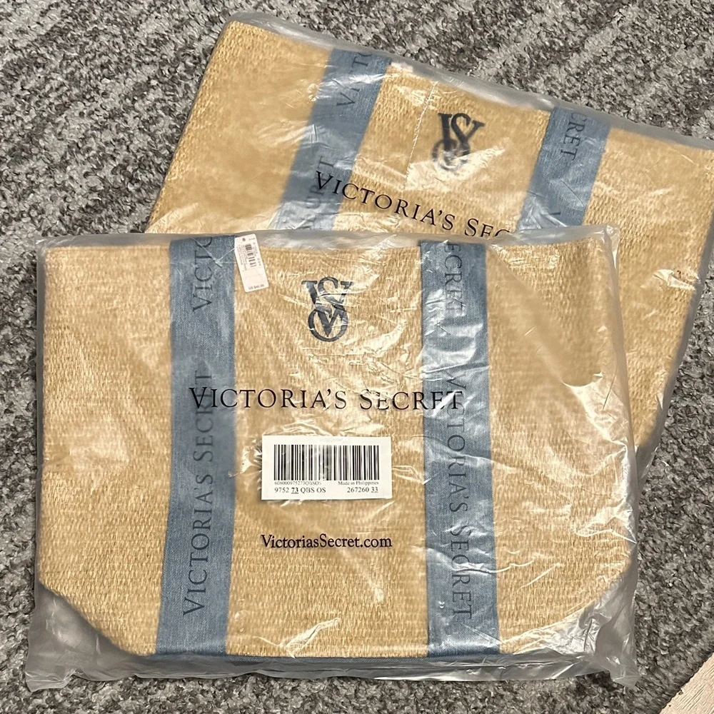 Victoria's Secret Canvas & Denim VS Logo Beach Tote, Tan & Blue - Picture 4 of 5